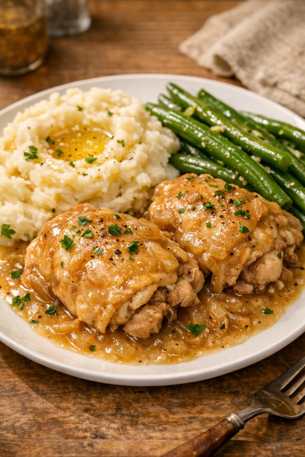 Finished plated diner-style chicken thighs with creamy gravy