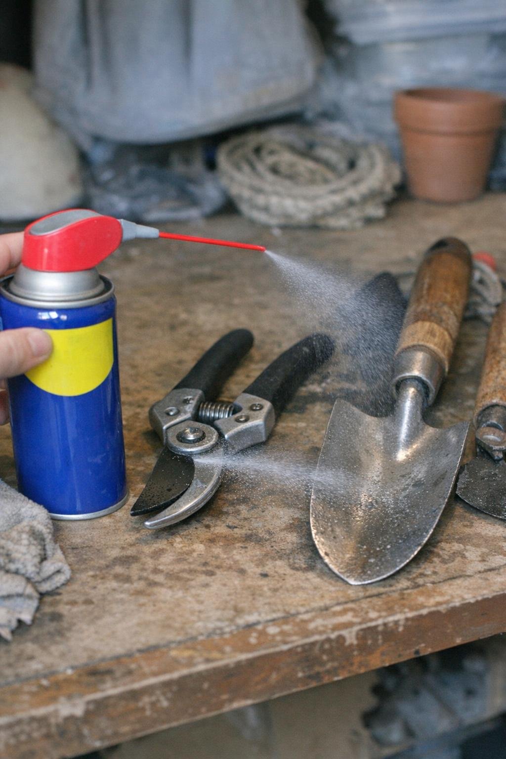 WD-40 coating cleaned garden tools on a workbench