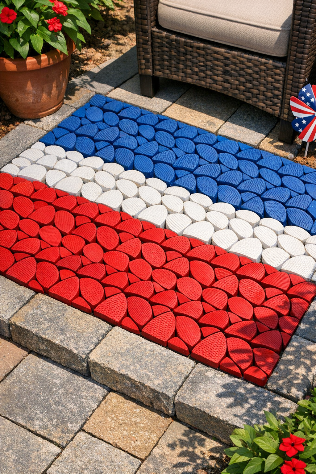 Finished patriotic outdoor patio tiling made from sliced rubber flip flops