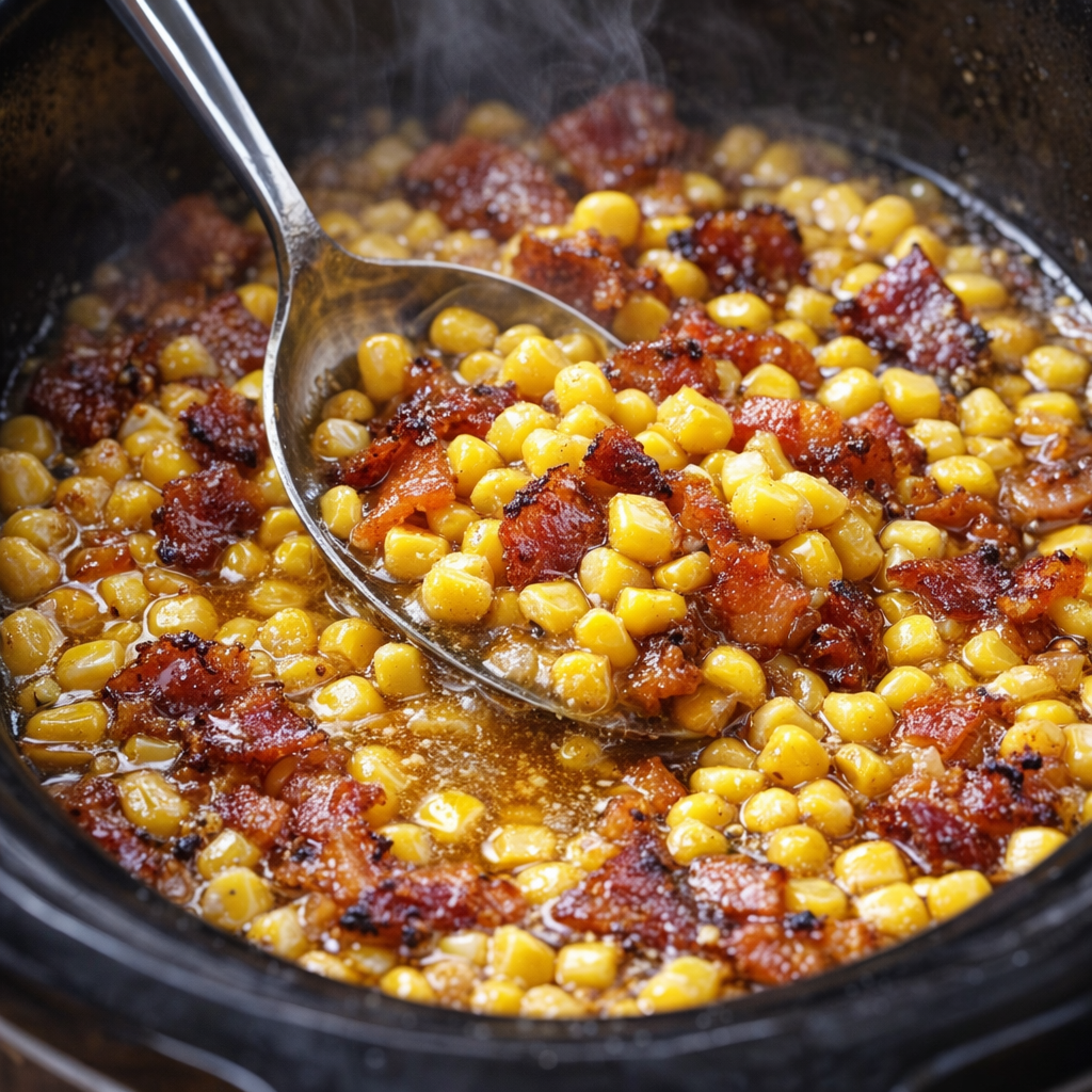 Cooked bacon and corn being stirred in the slow cooker