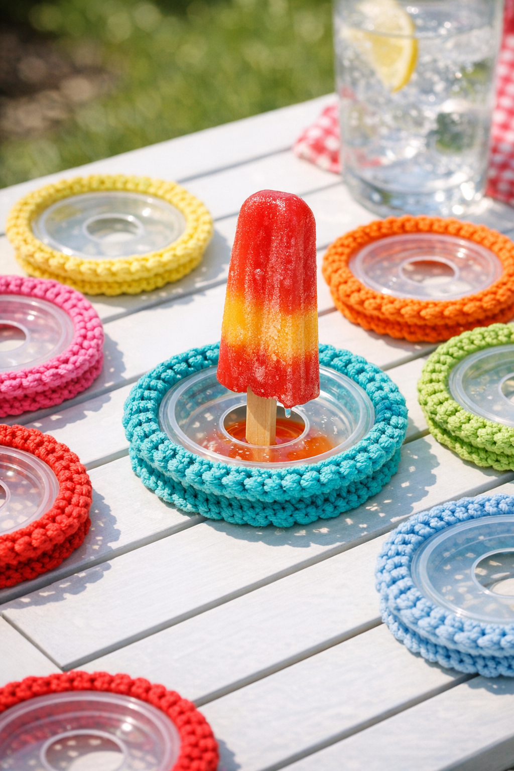Finished crochet popsicle drip catcher set made with applesauce lids