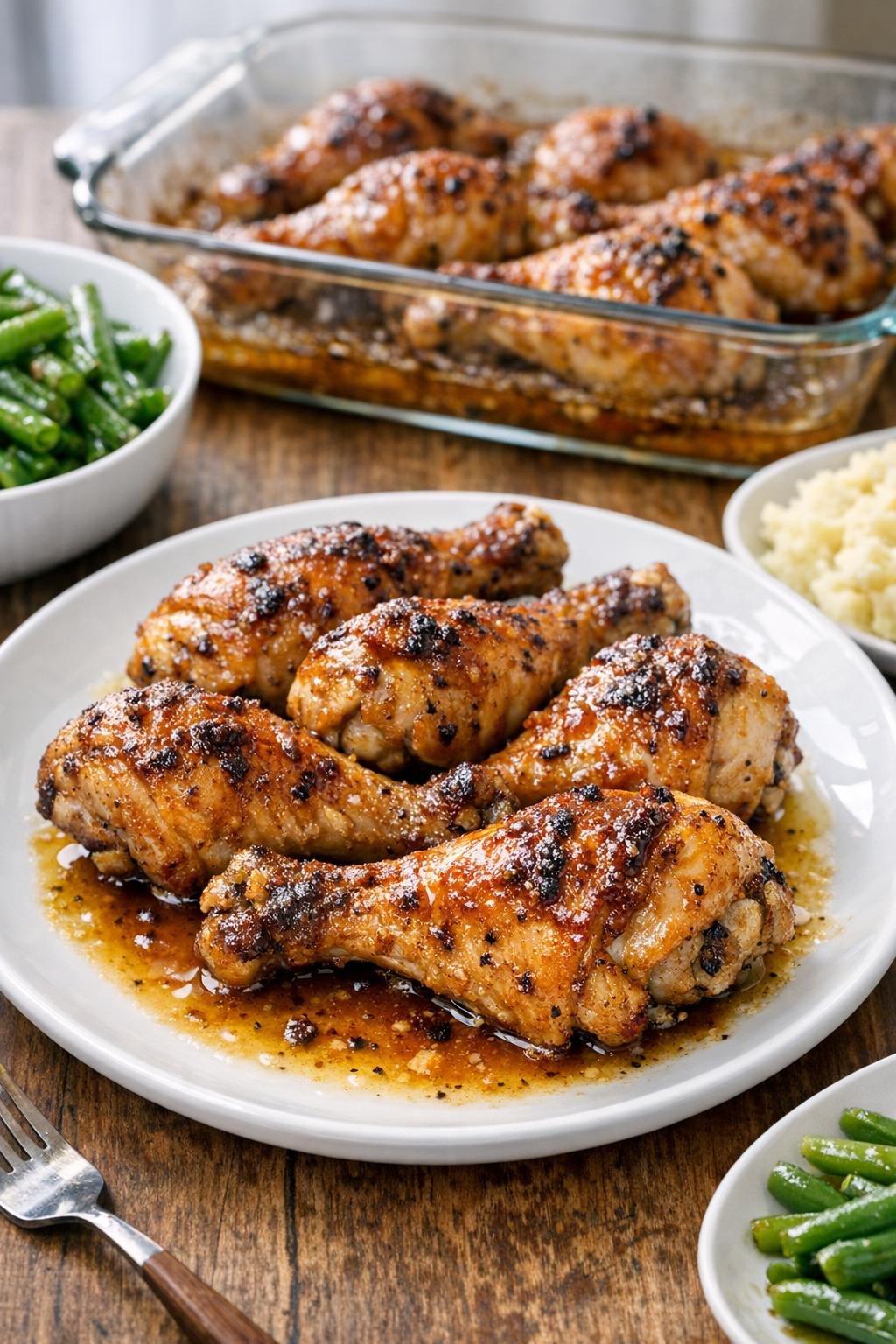 Finished baked chicken drumsticks on a dinner plate