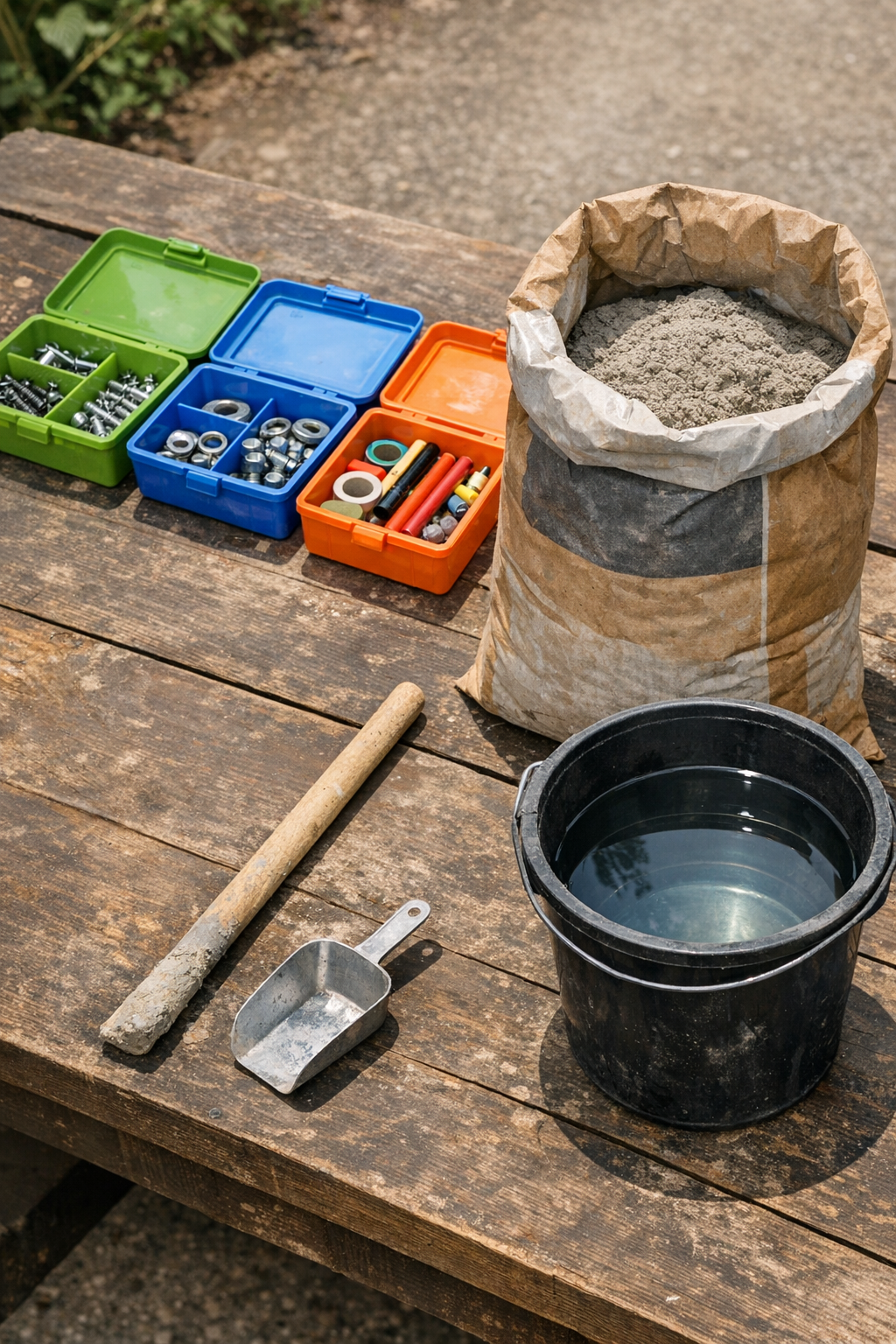 Materials for making concrete yard blocks laid out on a work surface