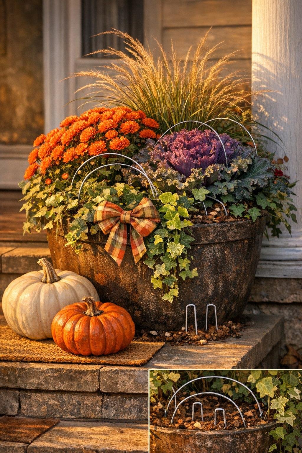Finished fall porch planter with hidden wind anchor made from wire coat hangers and landscape staples