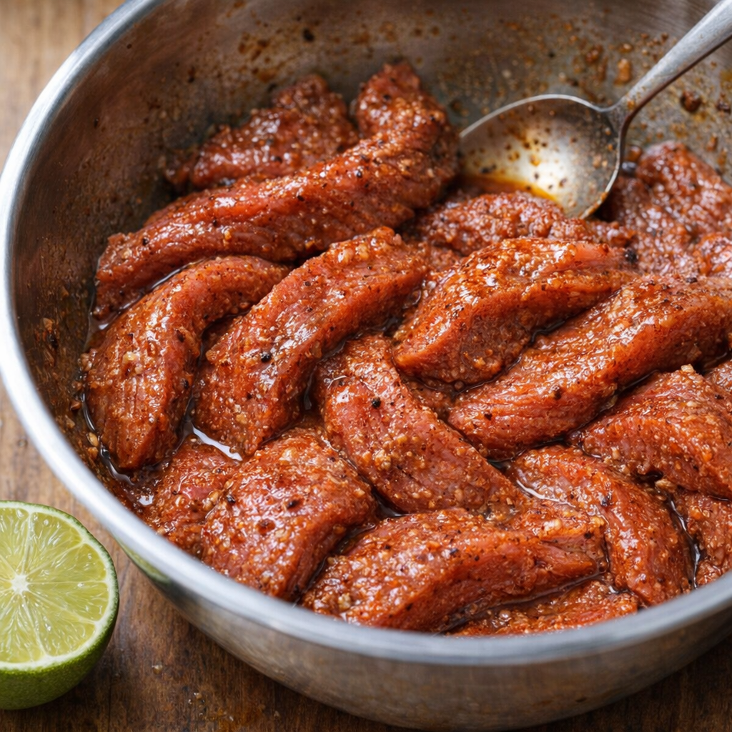 Seasoned flank steak strips in lime marinade