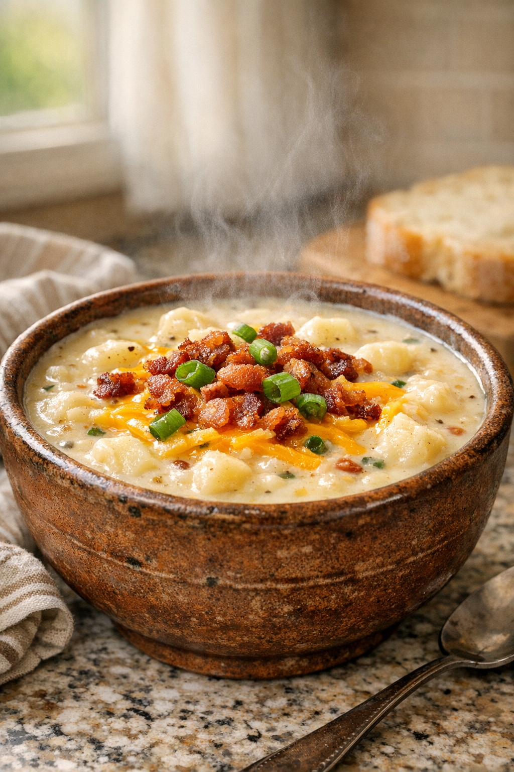 Finished loaded cream potato soup in a rustic bowl