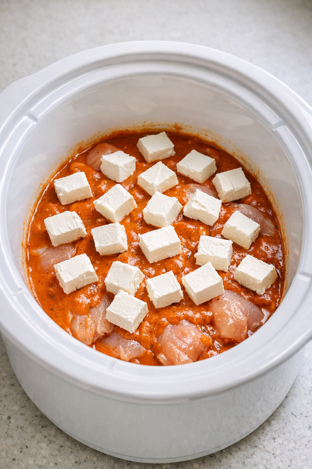 Cream cheese added on top before slow cooking