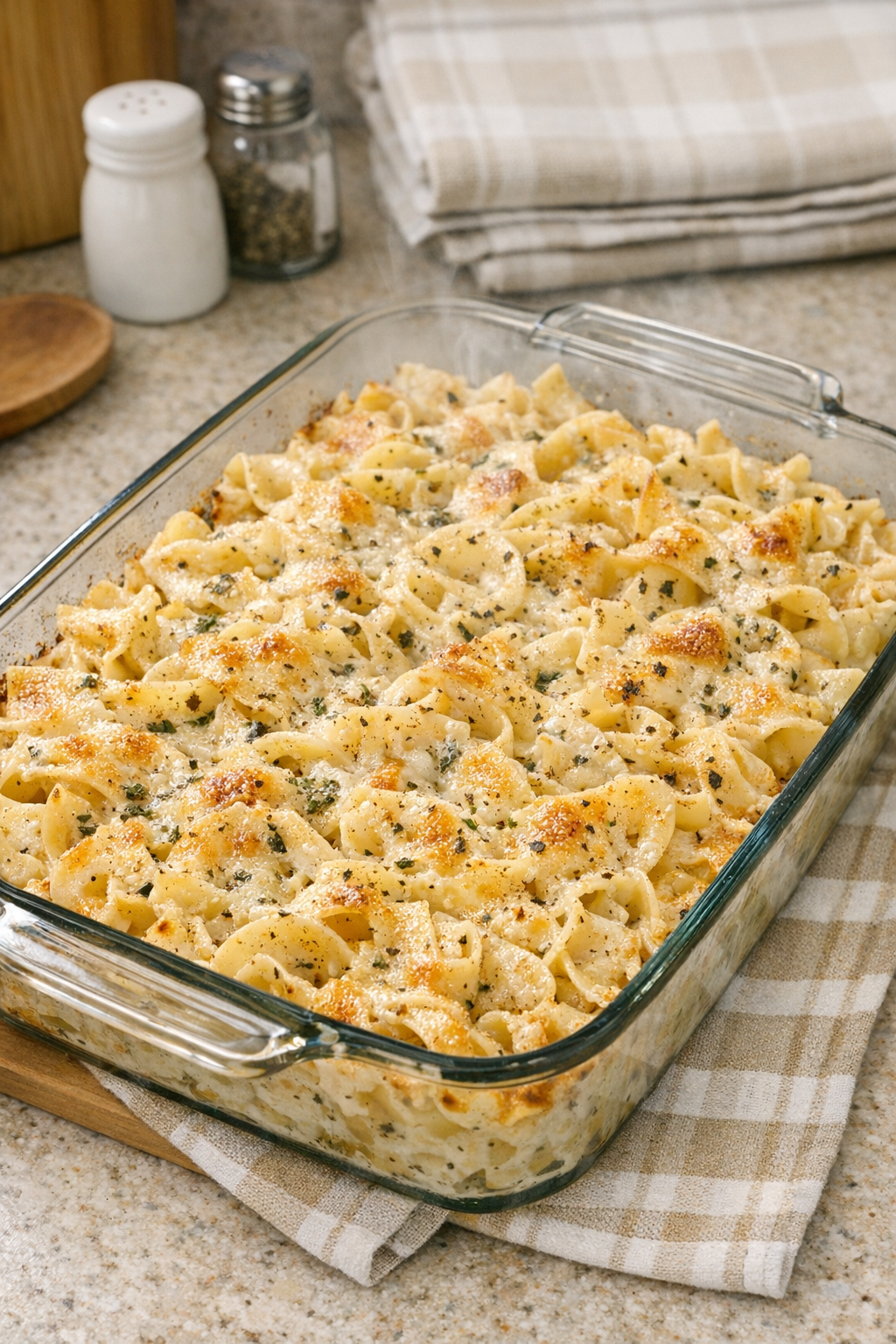 Finished baked buttermilk ranch noodles in a casserole dish