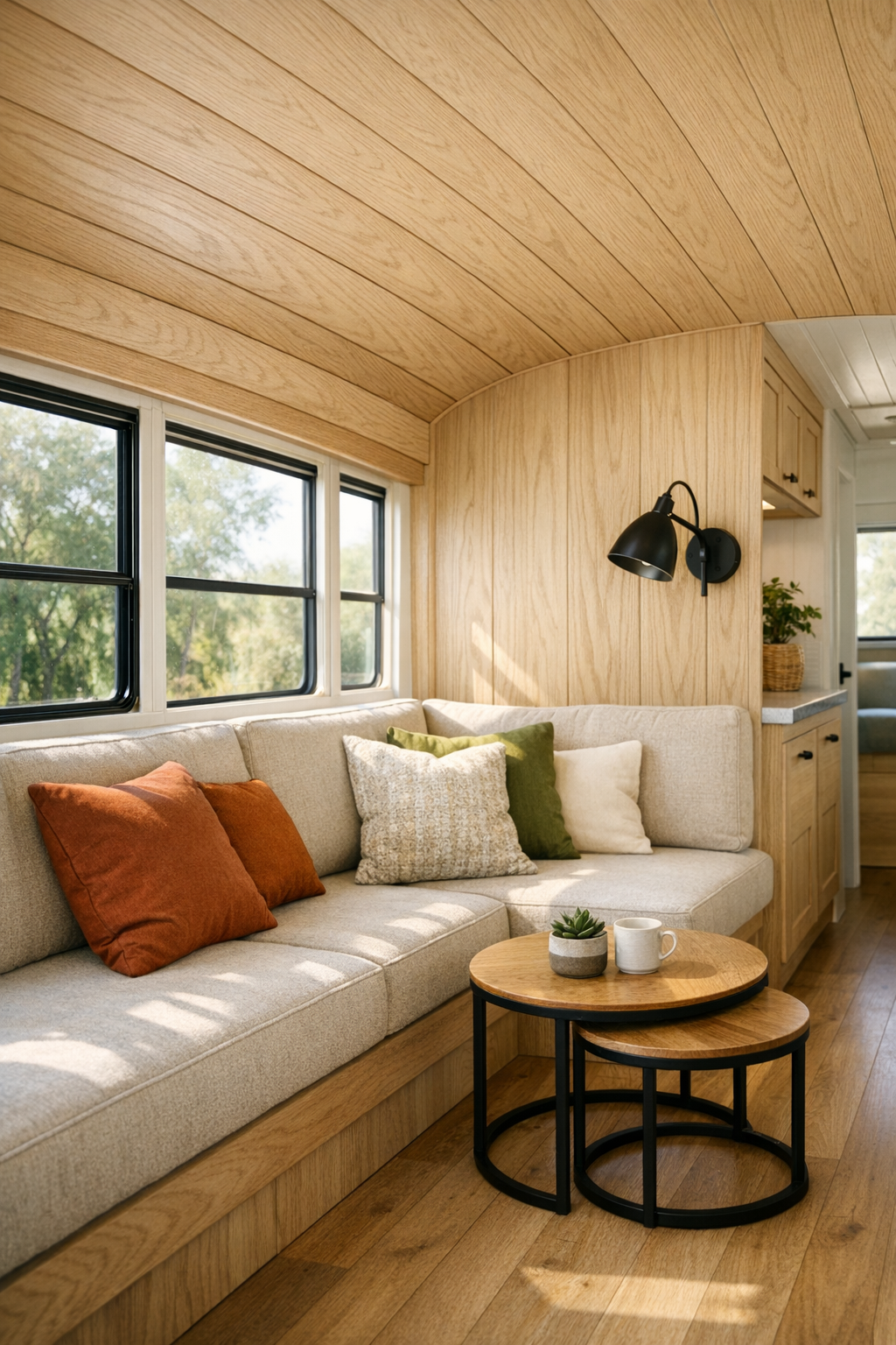 Bright living room inside a converted bus with oak walls and a built-in bench sofa
