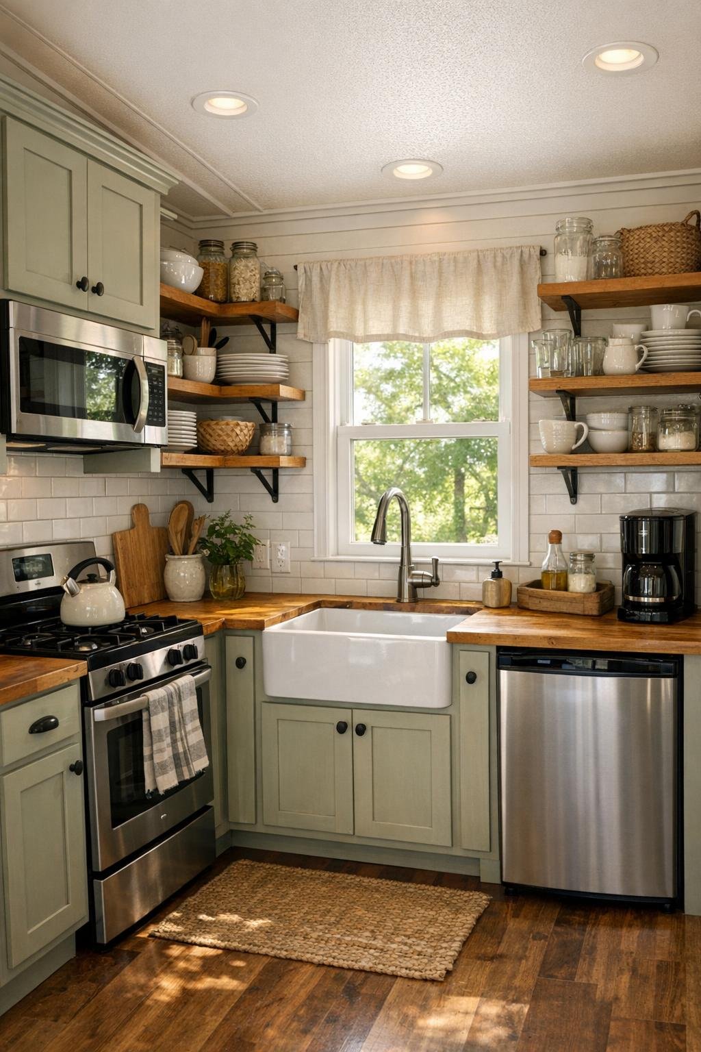 Compact cottage kitchen with painted cabinets, butcher block counters, and soft natural light
