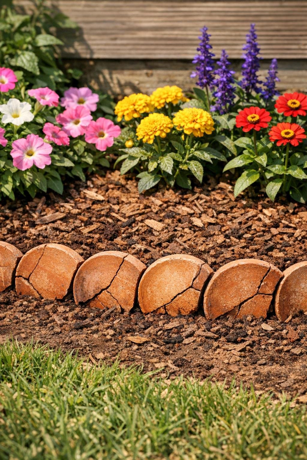 Finished garden border made from cracked clay saucers