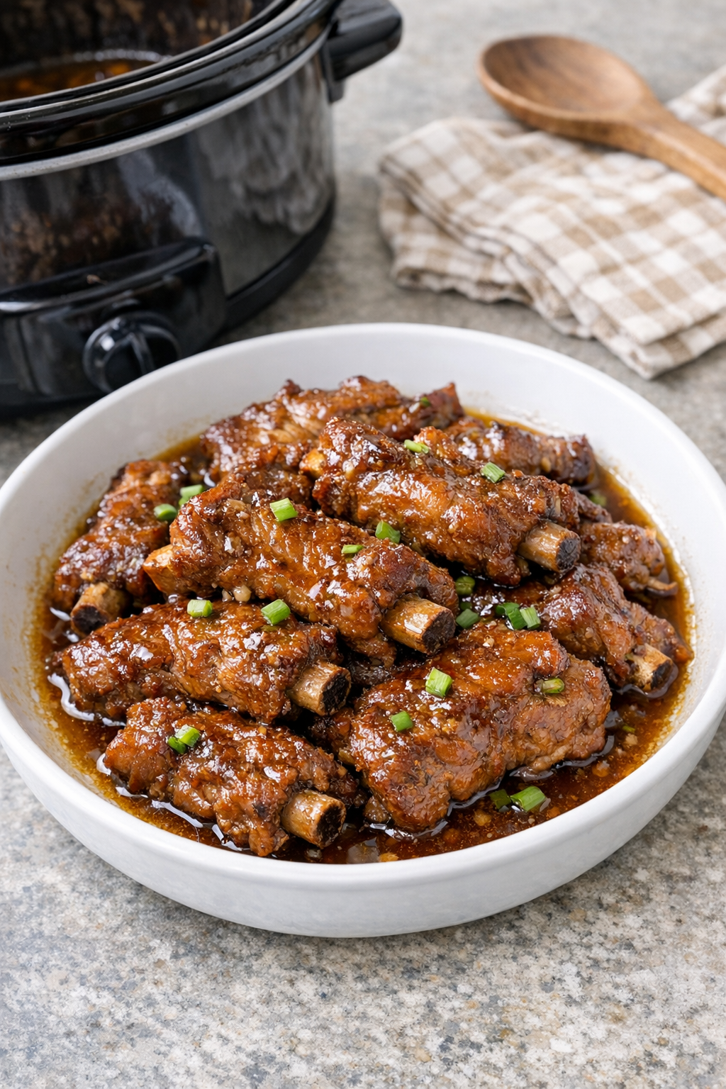 Finished slow cooker pork riblets plated with sauce