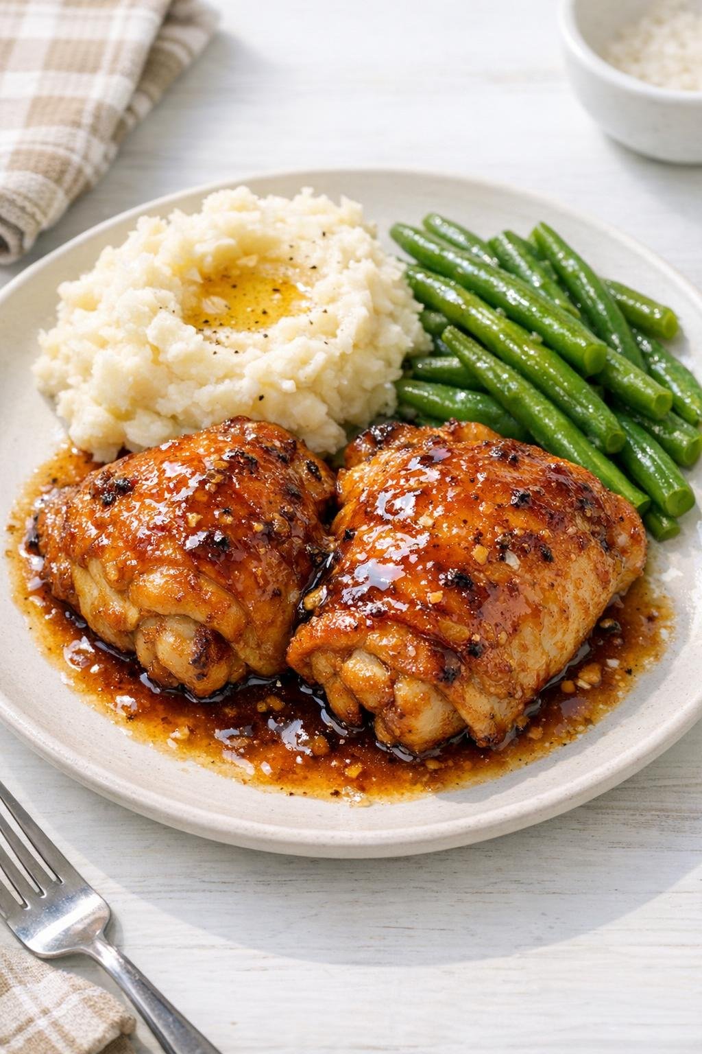 Finished baked chicken thighs glazed and plated