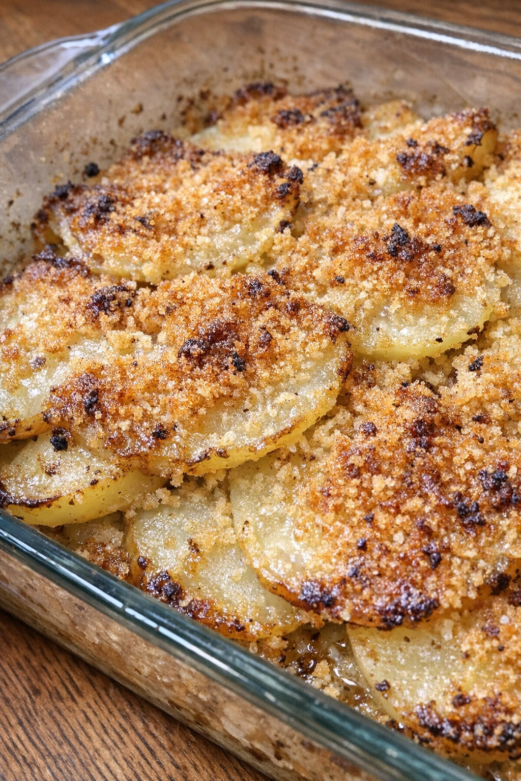 Golden breadcrumb-topped sliced potato bake in a glass baking dish