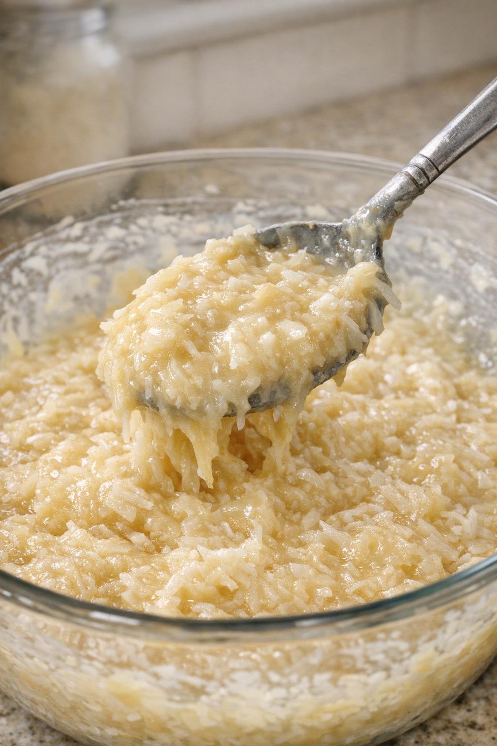 Thick coconut batter being mixed in a bowl