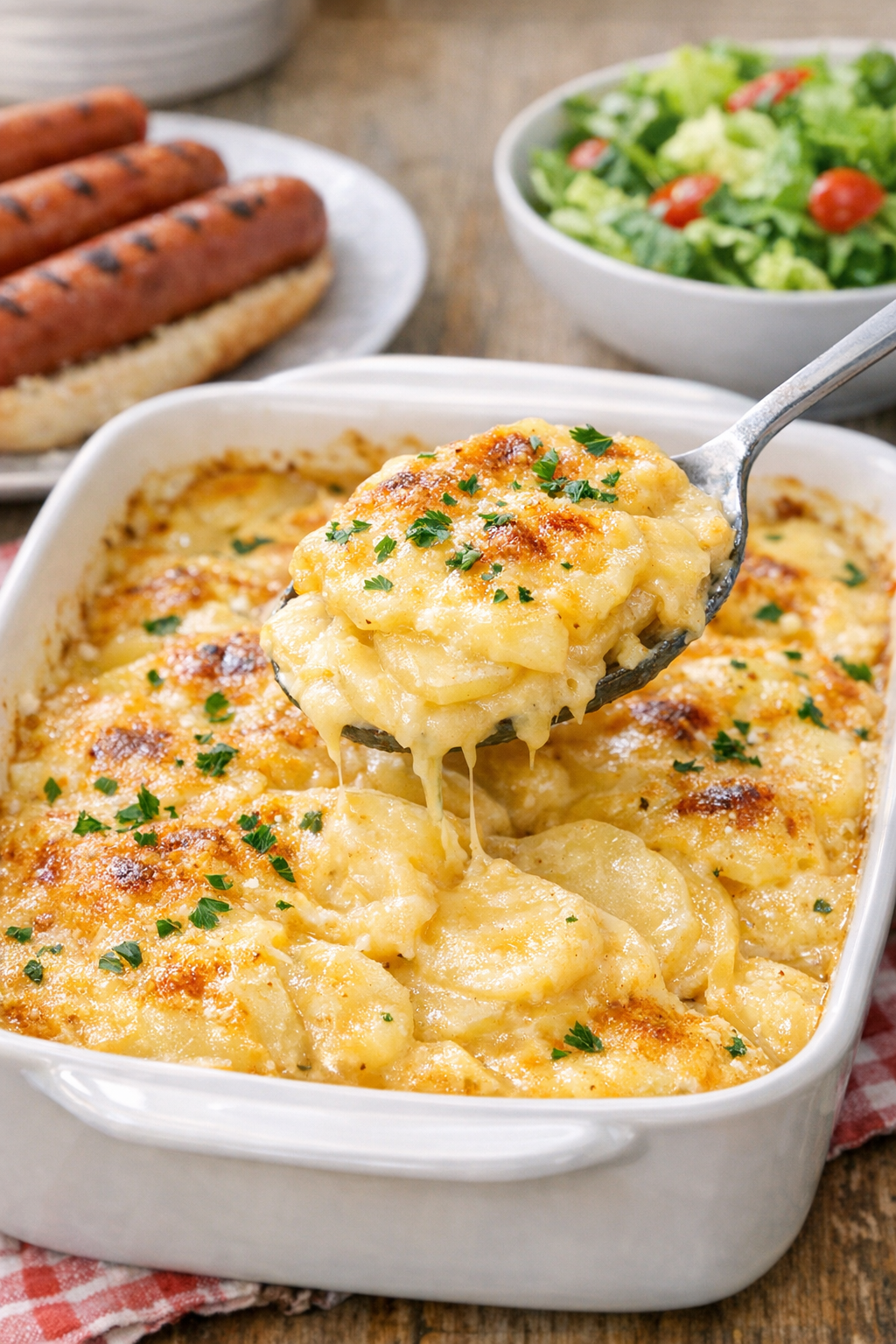 Finished slow cooker au gratin potatoes in a serving dish