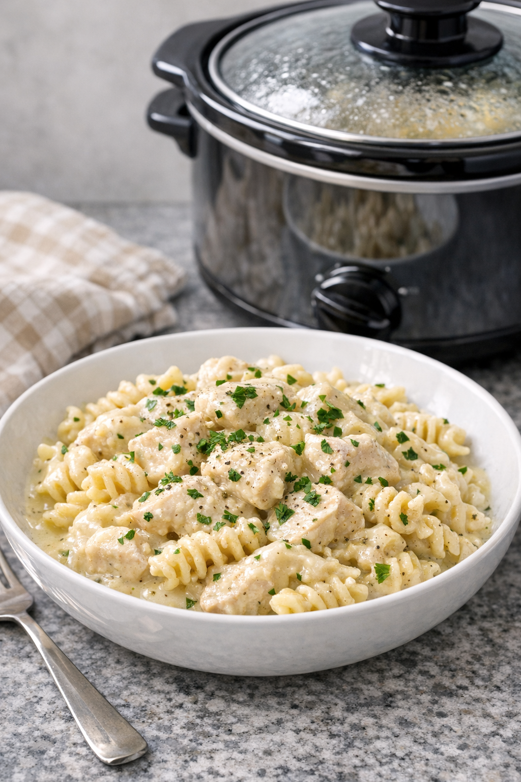 Finished creamy chicken pasta plated in a bowl