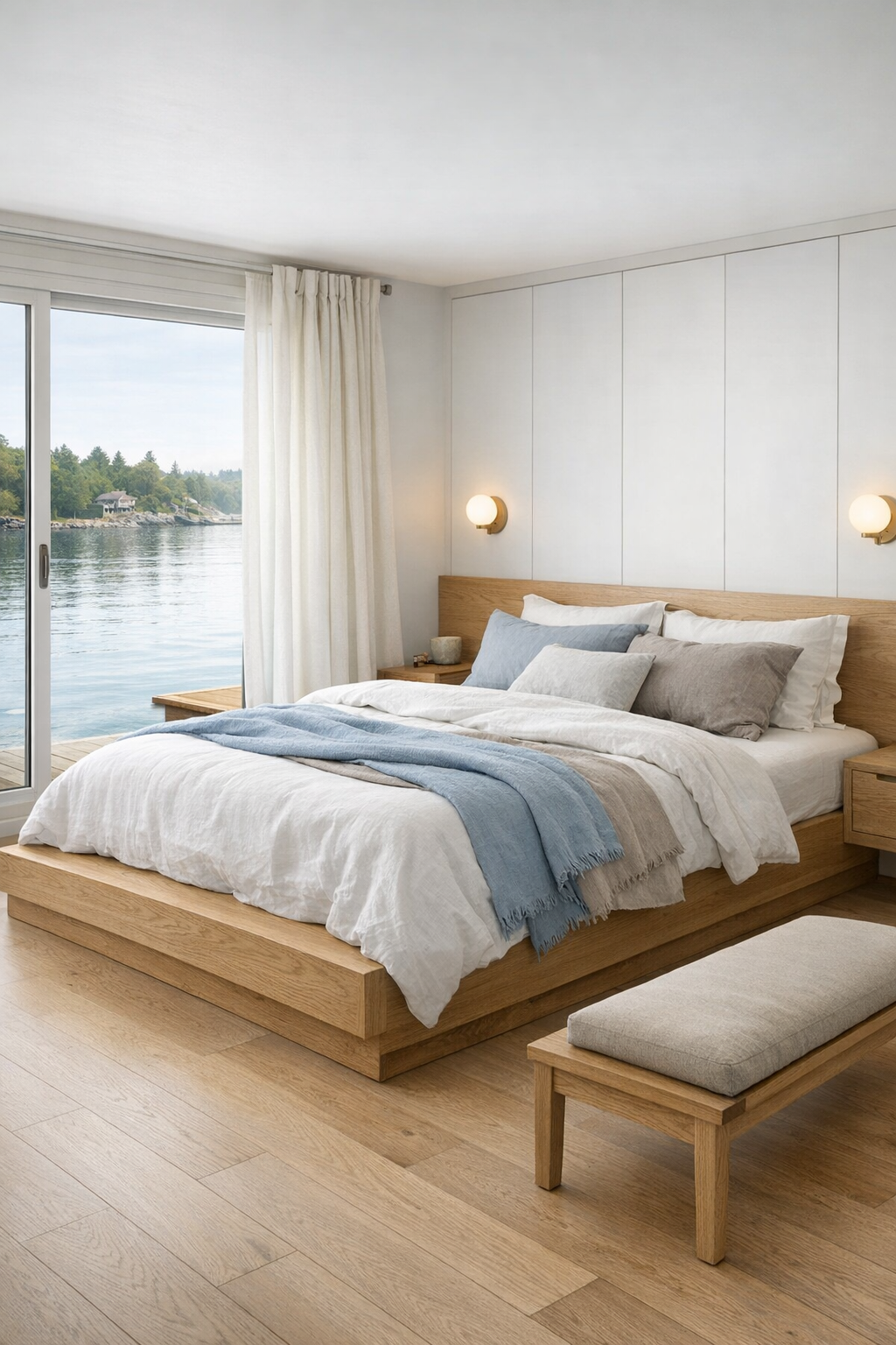 Serene coastal bedroom with oak platform bed, layered linen bedding, and soft blue accents
