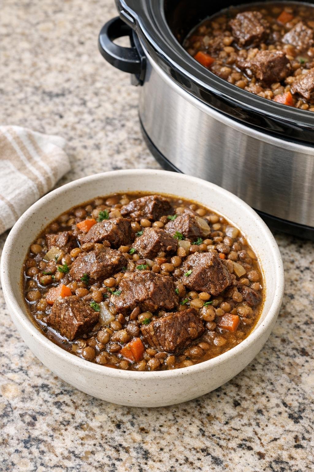 Finished bowl of slow cooker beef and lentils