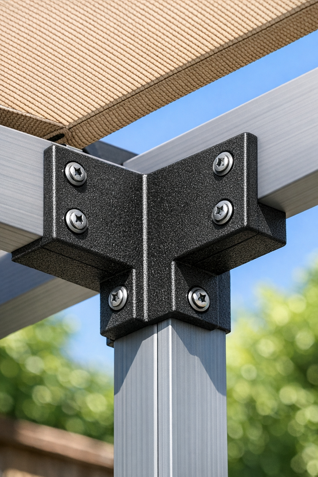 Finished recycled plastic patio cover brackets installed on a lightweight patio frame