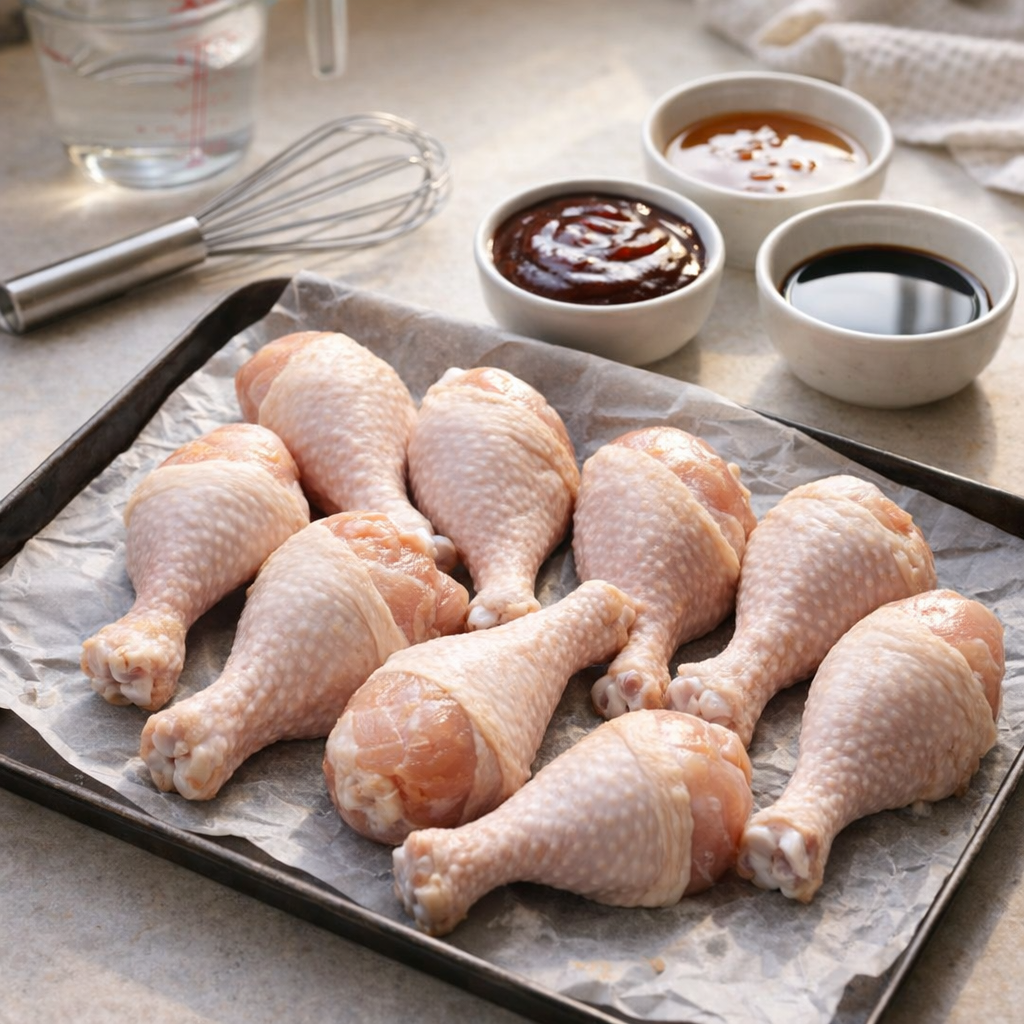 Chicken drumsticks and sauce ingredients on a kitchen counter
