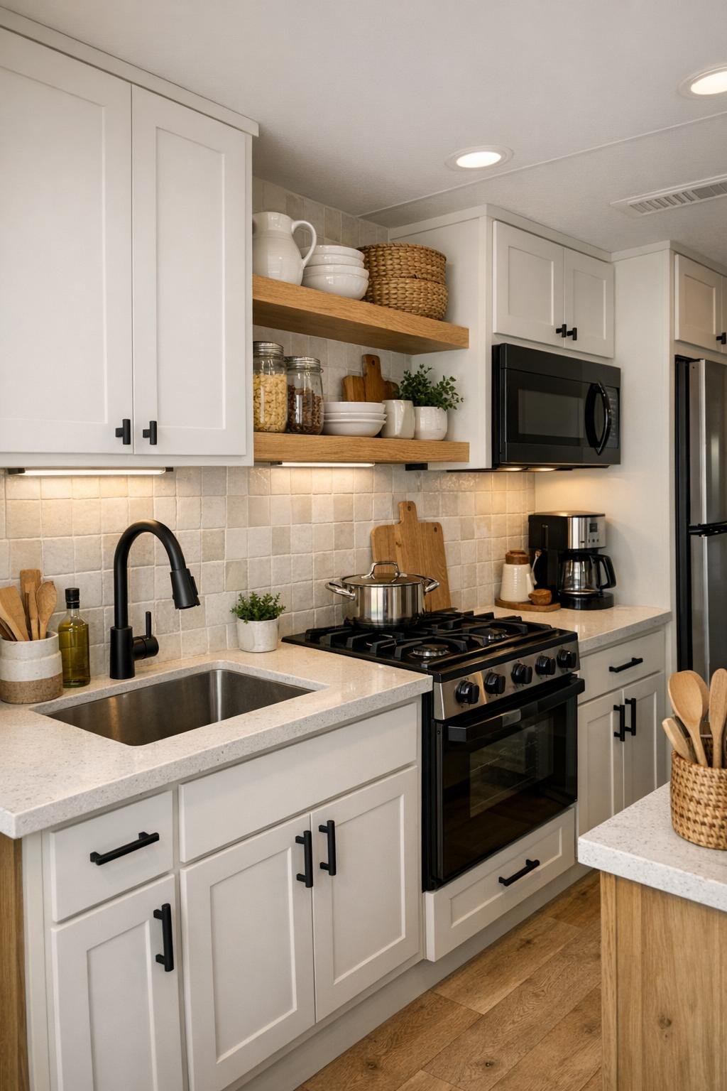 Small modern kitchen with warm white cabinets, quartz counters, and oak shelving
