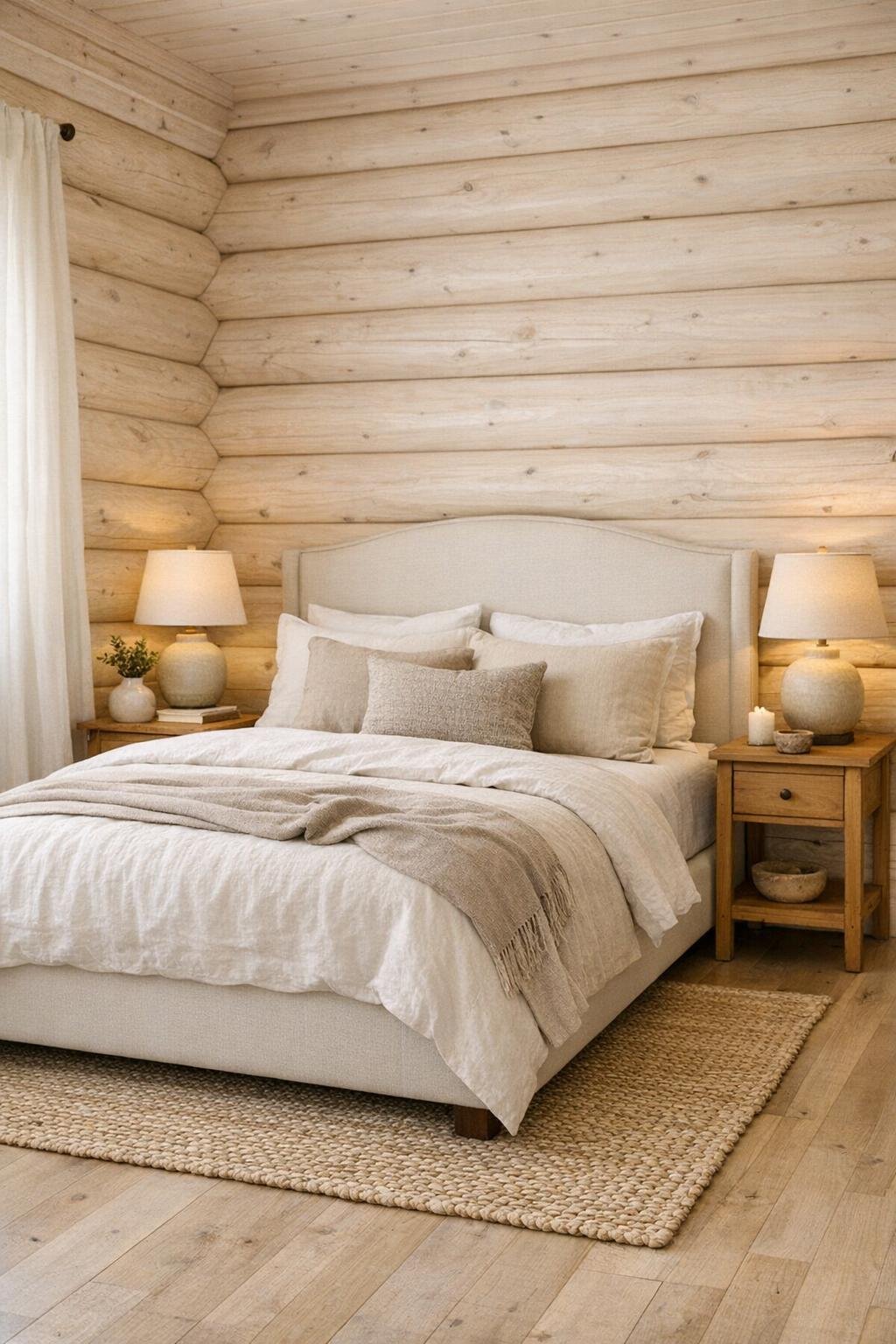 Serene bedroom with pale log walls, upholstered bed, and layered neutral textiles