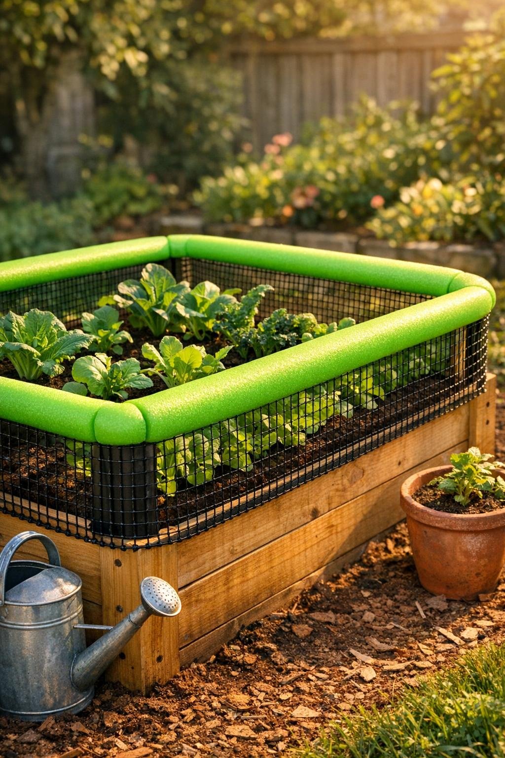 Finished raised bed insulating collar made from bright green pool noodles and garden netting
