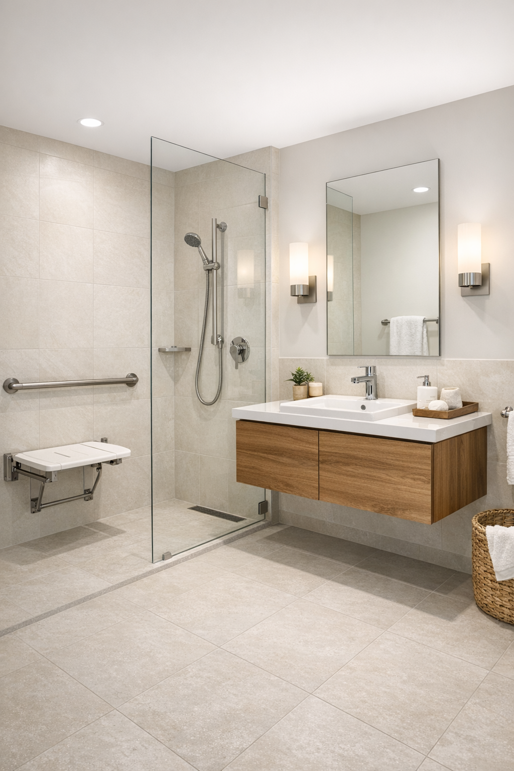 Accessible tiny home bathroom with curbless shower, creamy tile, and warm wood vanity