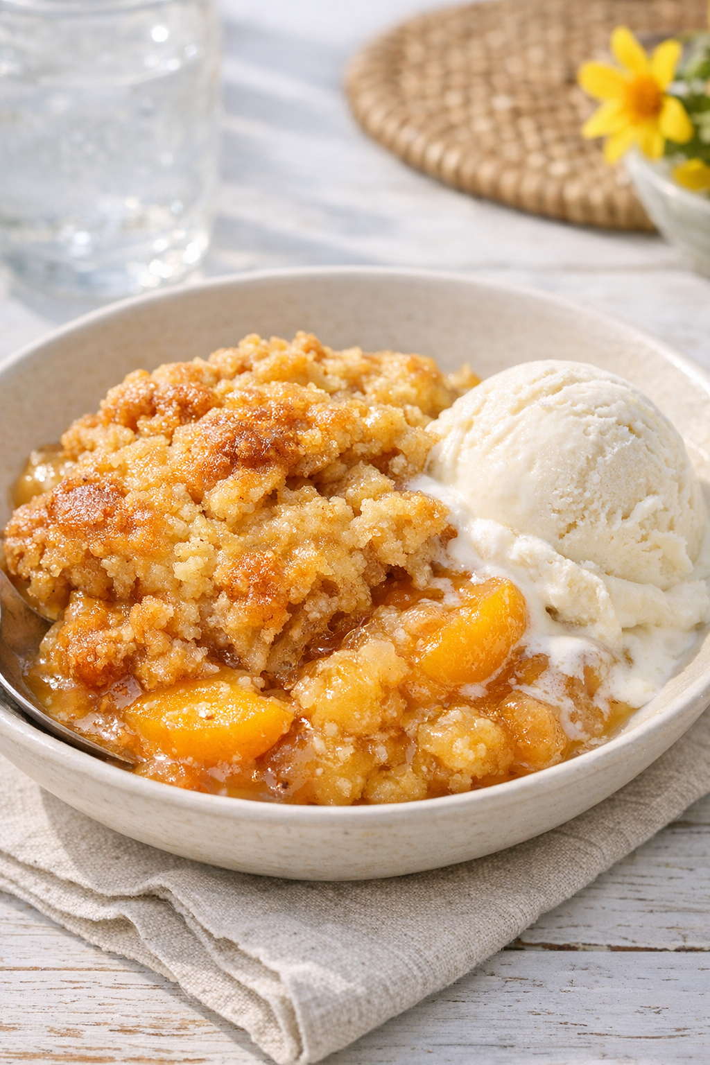 Plated scoop of warm peach honey bake with vanilla ice cream