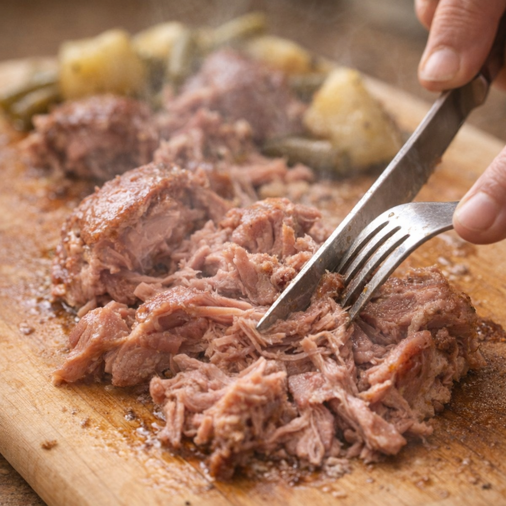 Shredded ham on a cutting board after slow cooking