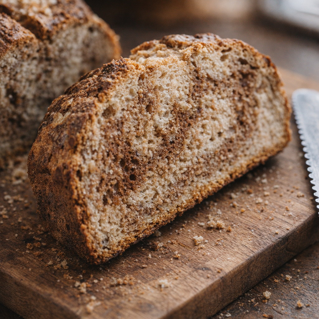 Sliced soda bread showing marbled interior crumb