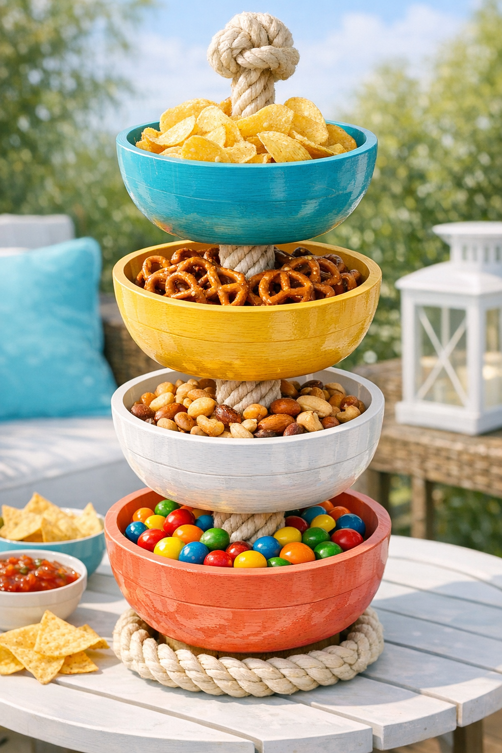 Finished painted wooden bowl snack stand made with rope