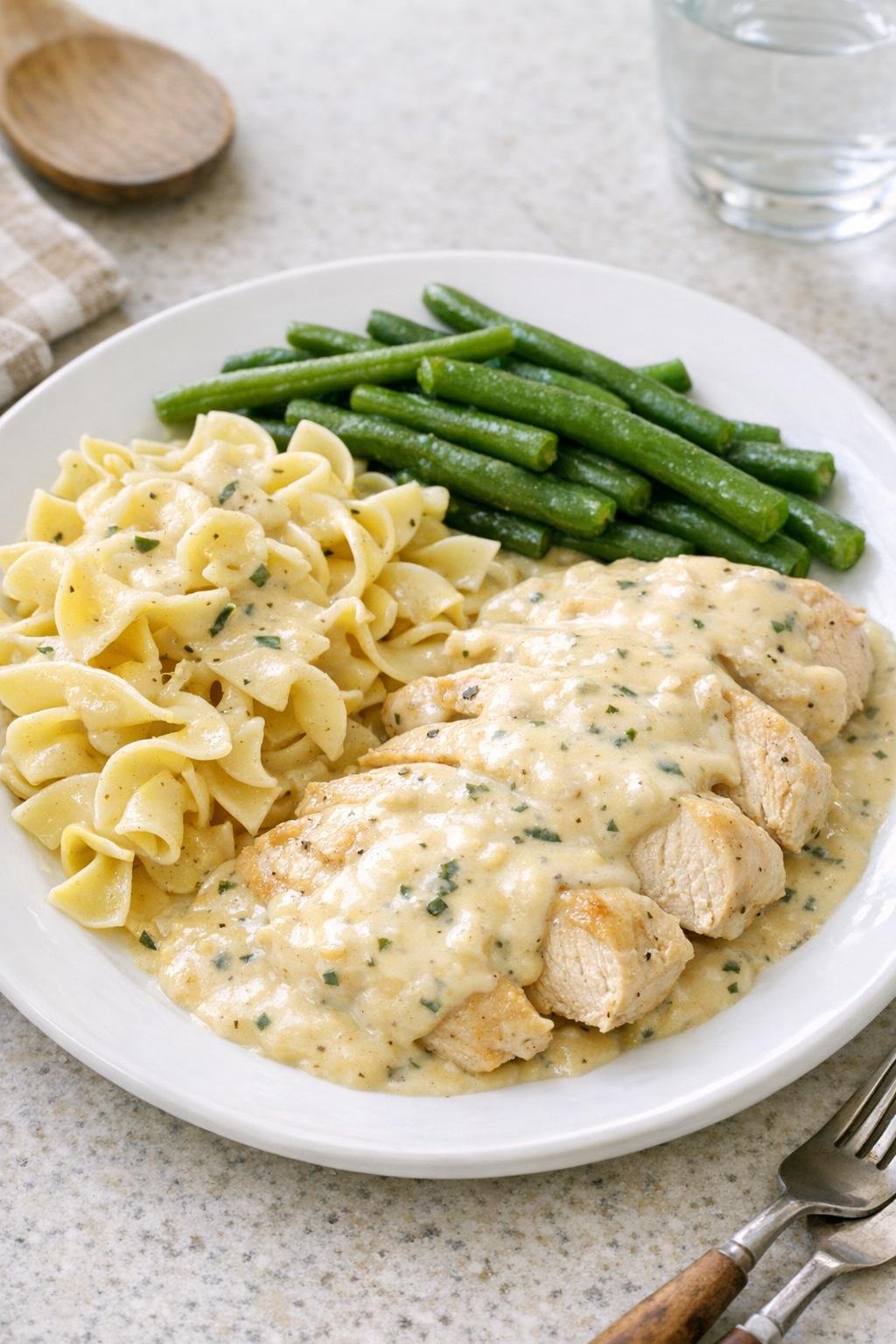 Finished creamy slow cooker chicken plated with sauce