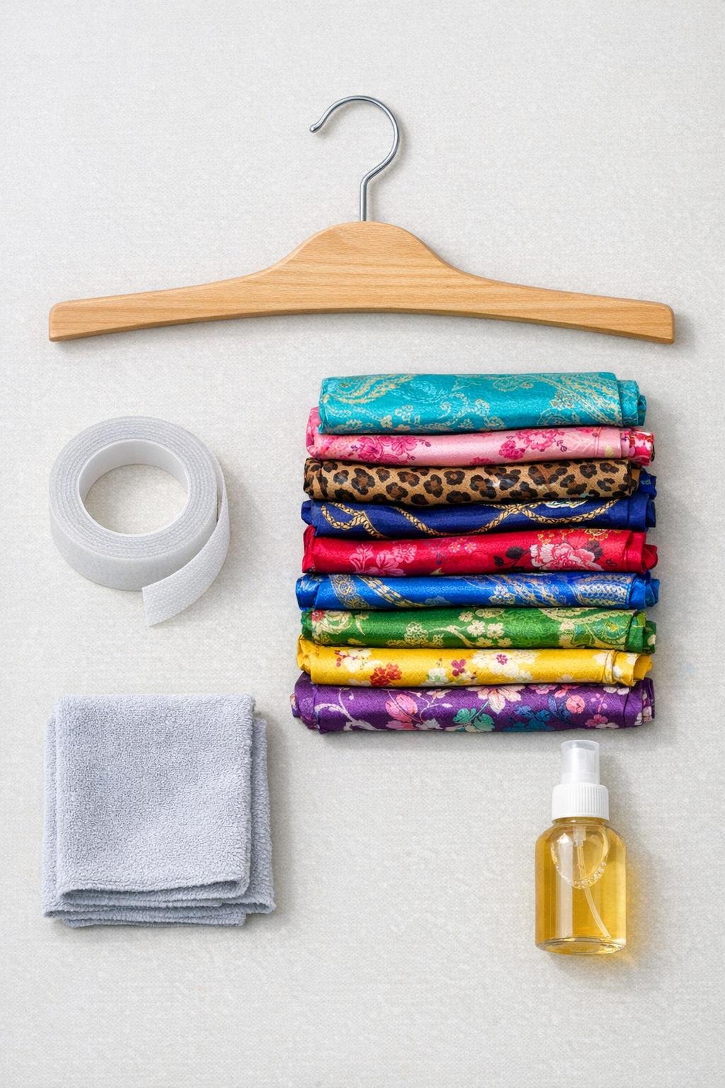 Wooden pants hanger, silk scarves, and closet organizer supplies laid out together