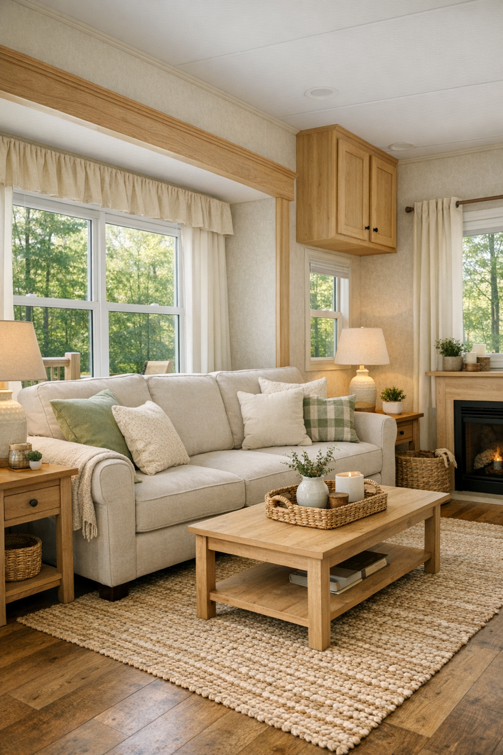 Warm living room with neutral seating, sage accents, and light wood finishes