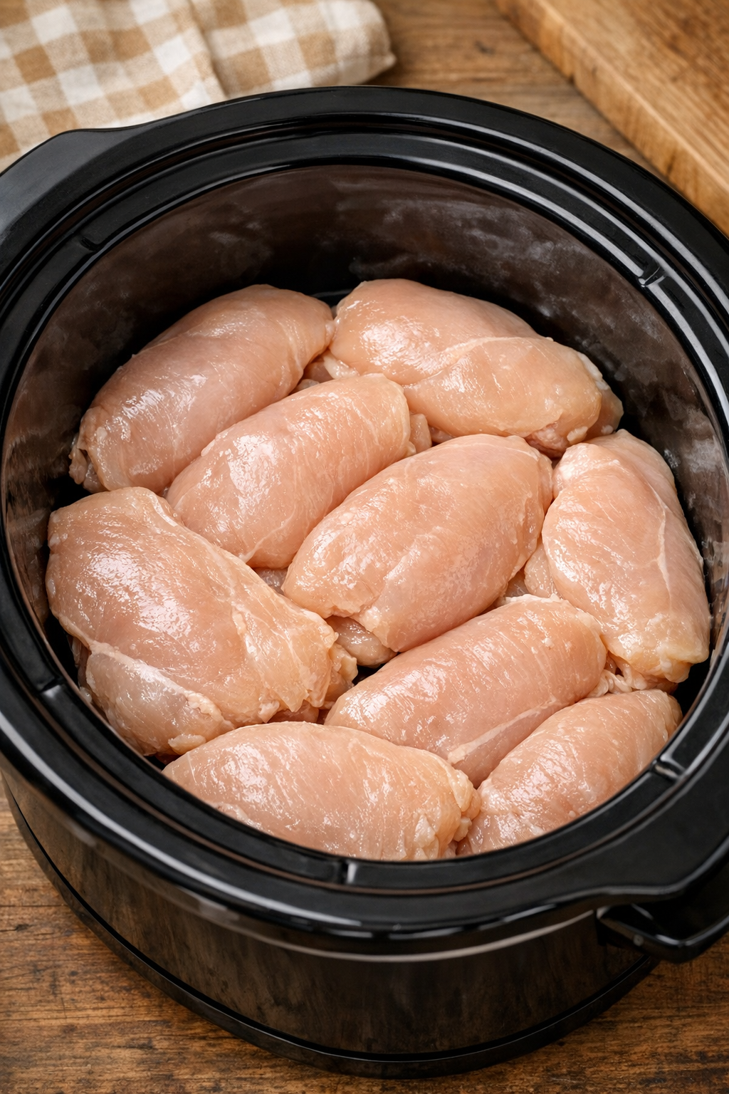 Raw chicken breasts arranged in a slow cooker