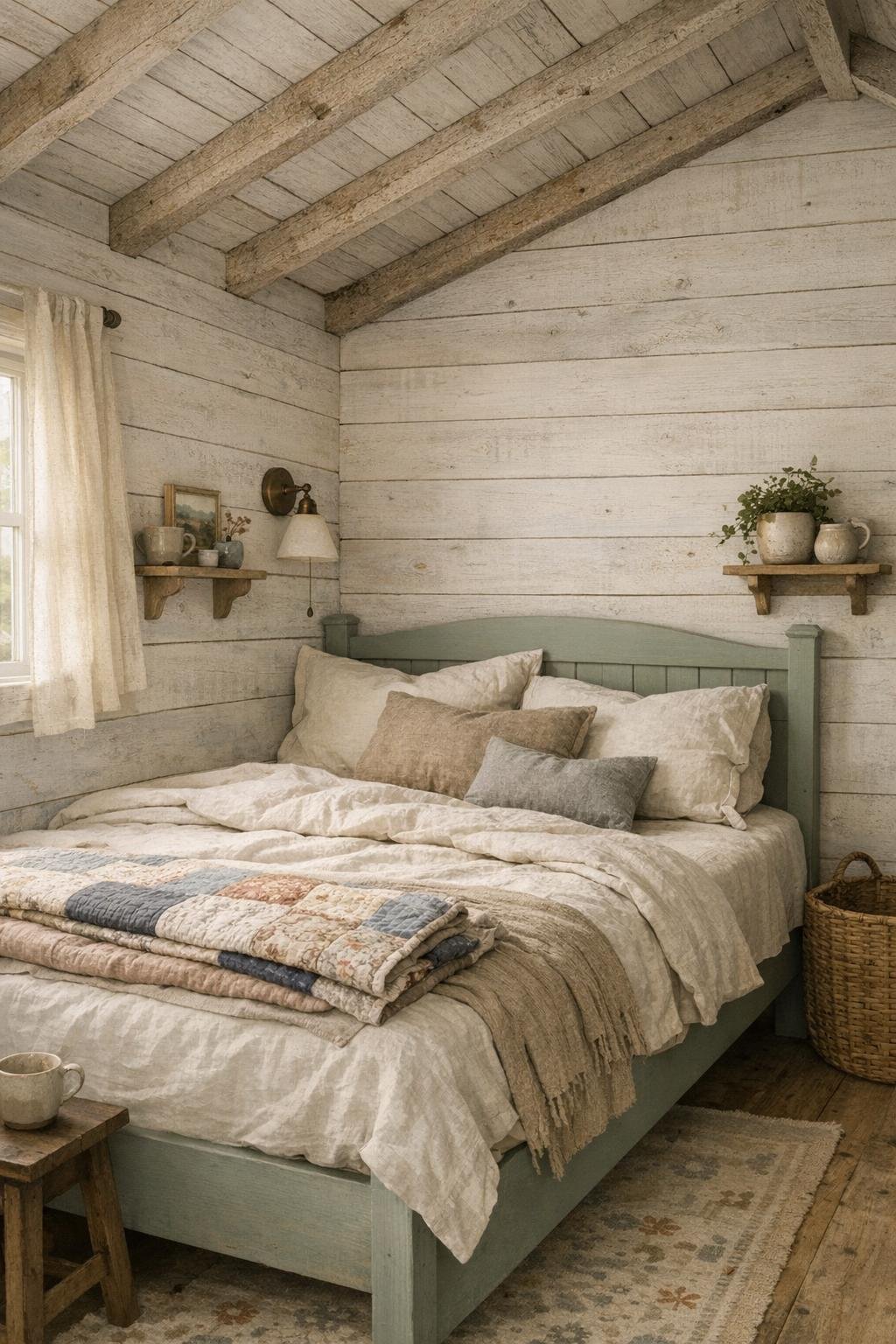 Peaceful tiny home bedroom with layered linen bedding and wood accents