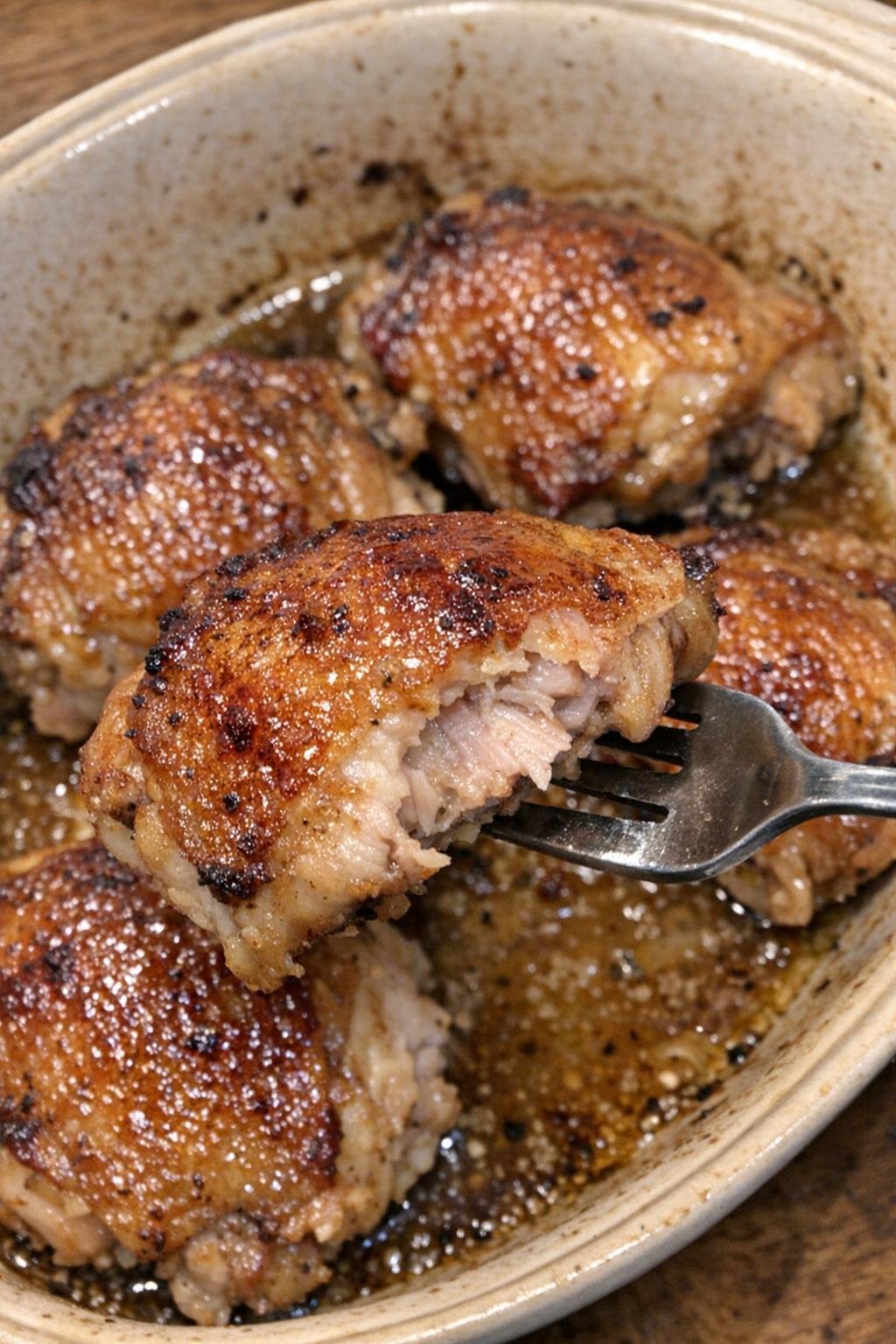 Glossy roasted chicken thighs with golden brown crispy skin in an oval stoneware dish