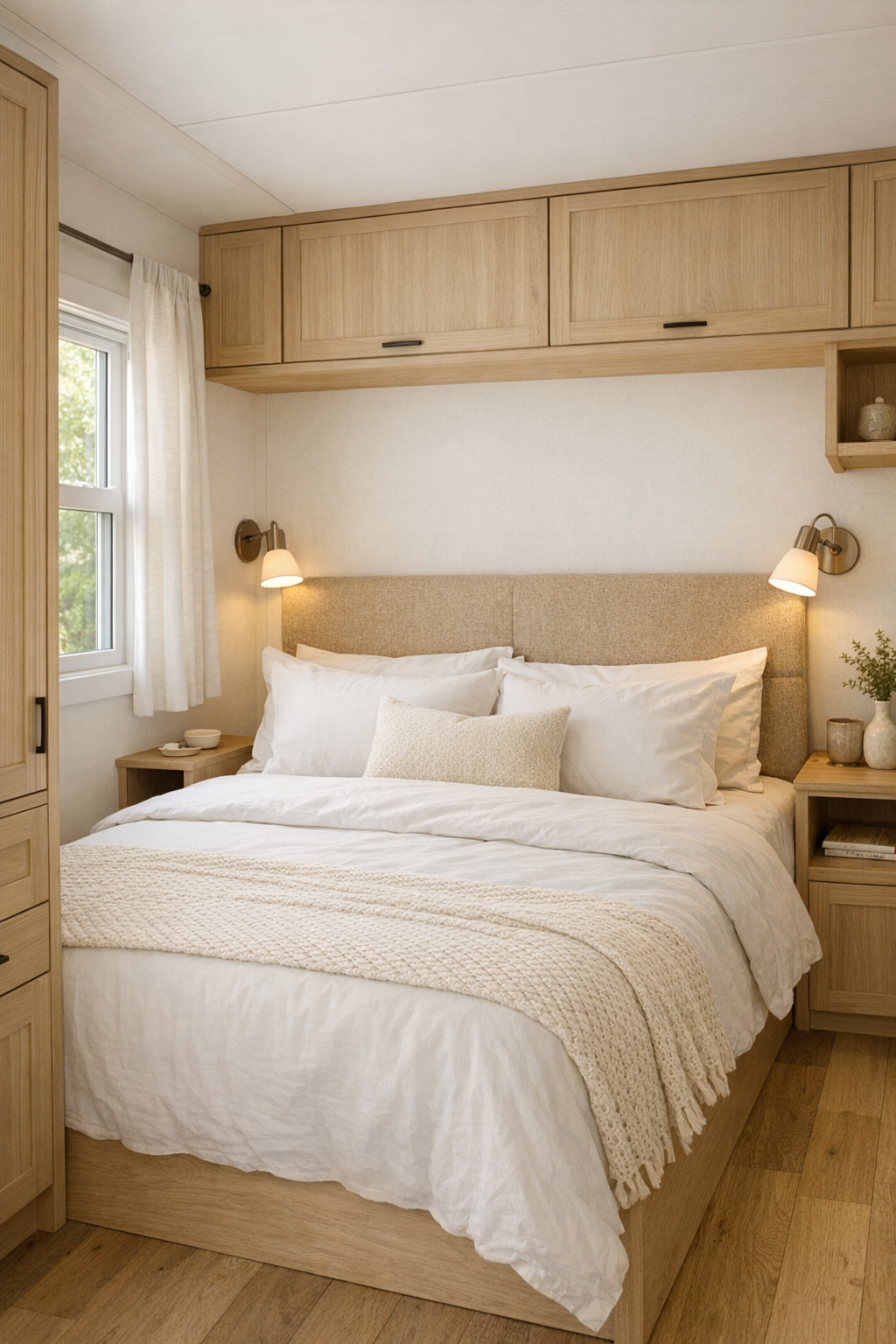 Serene tiny home bedroom with soft oat headboard and pale wood details