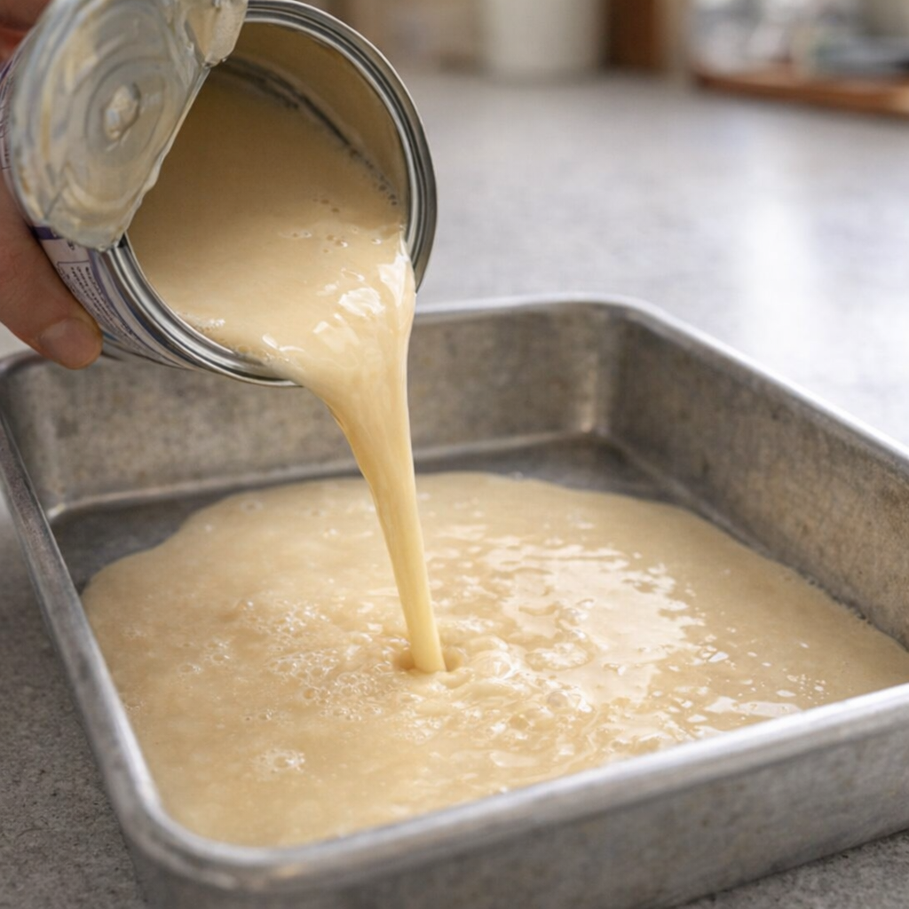 Evaporated milk being poured into a square baking pan
