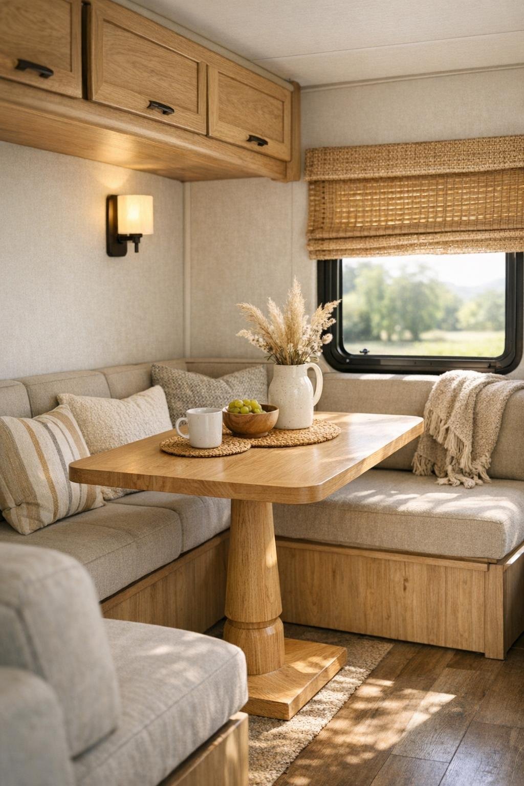 Small RV camper dining nook with pedestal table and upholstered bench seating