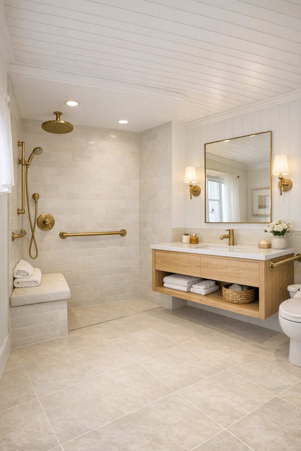 Elegant accessible bathroom in a cottage houseboat with a curbless shower, pale oak vanity, and warm brass fixtures