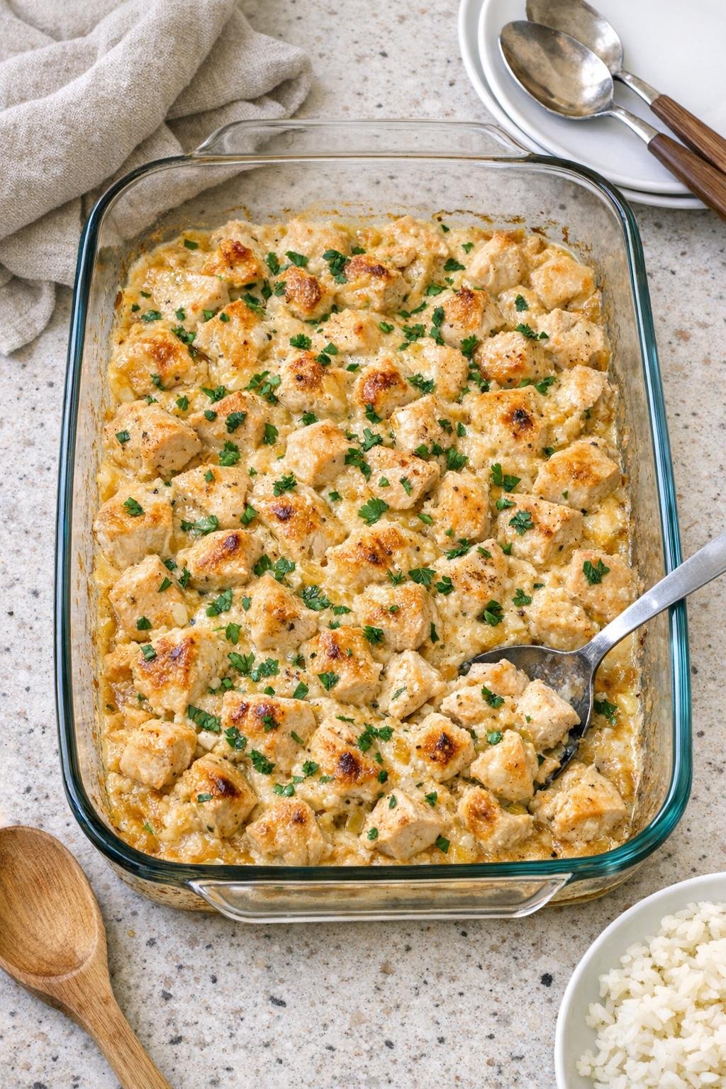 Finished baked chicken in a glass casserole dish