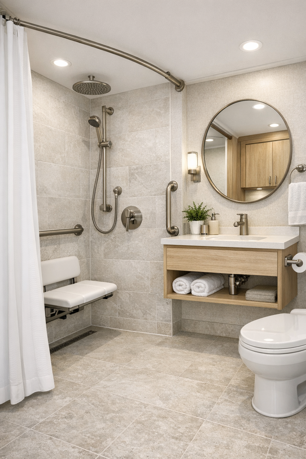 Accessible RV bathroom with curbless shower, pale wood vanity, and soft stone finishes