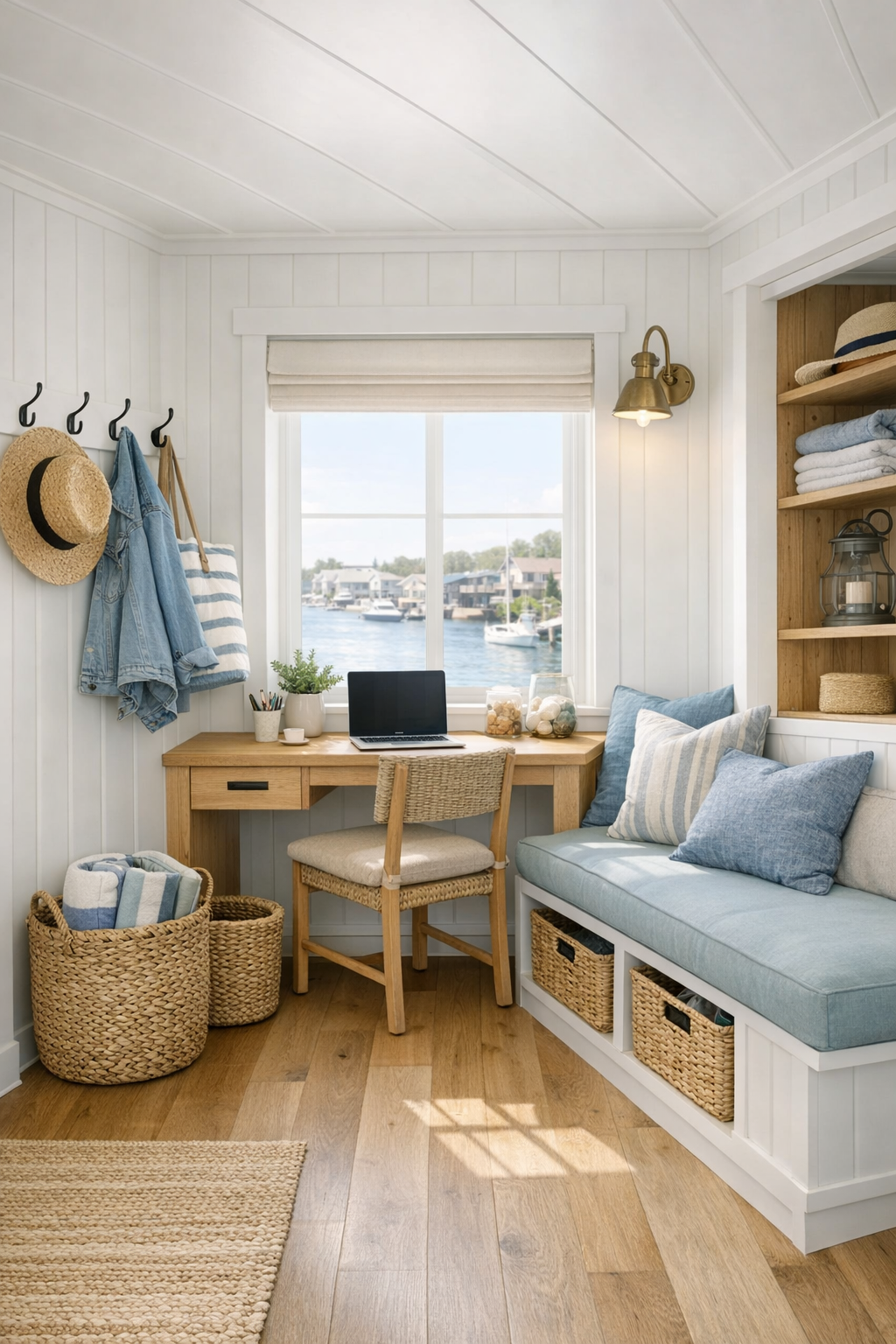 Houseboat multipurpose nook with built-in desk, bench, and coastal storage details
