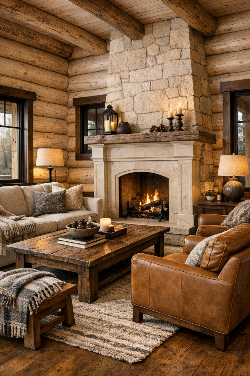 Living room with white ash log walls, a cream marble fireplace, and soft neutral seating