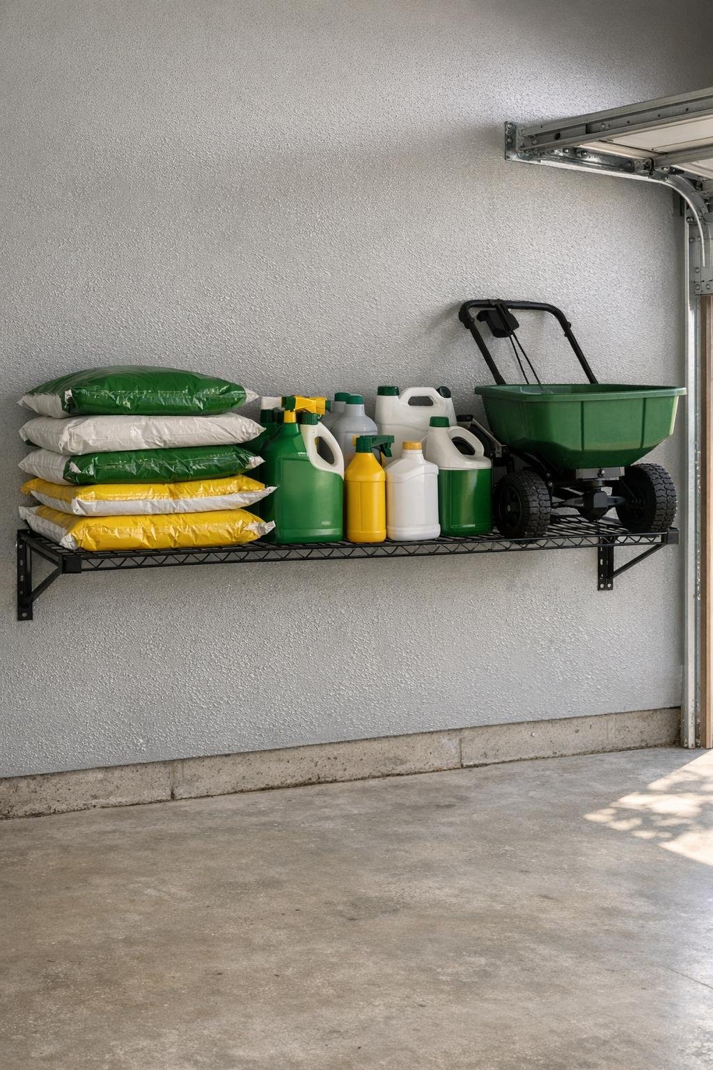 Sealed lawn products stored safely on a high garage shelf