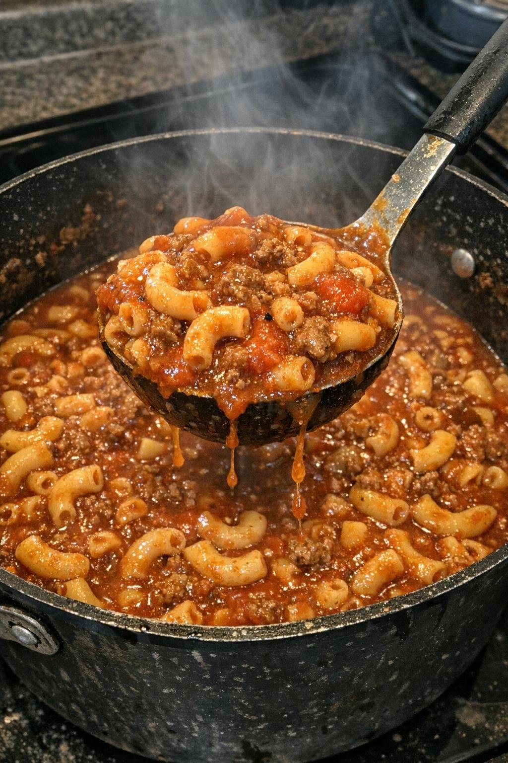 Macaroni in a black pot with a ladle lifting a scoop