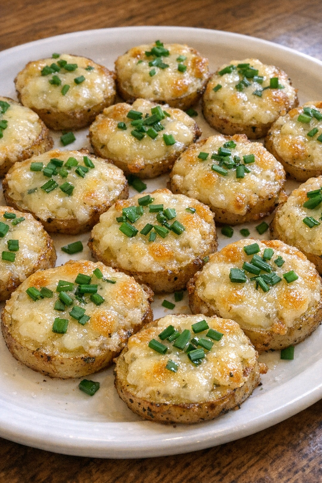 Small round golden potato bites topped with melted gruyere cheese and fresh chopped chives on a white ceramic appetizer platter
